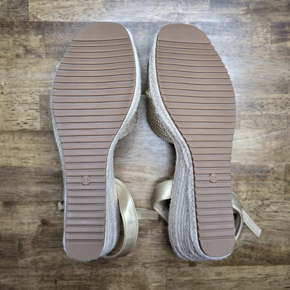 Women's Espadrille Wedge Sandals 9.5 Ankle Strap Open Toe Champagne NWOB